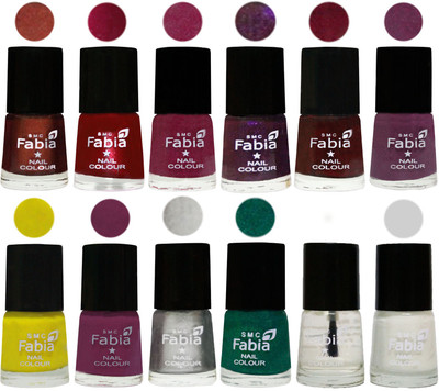 

Fabia Premium Lacquer Extra Shine Nail Polish Shades Of (12 Pcs Nail Polish) Berry-Dark Magenta-Rose Pink-Dark Purple-Royal Red-Brinjal Purple-Yellow-Light purple-Silver-Green-Top Coat-White(Pack of 12)