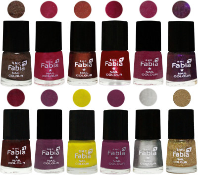 

Fabia Premium Shine & Glossy Nail Polish Collection Shades (12 Pcs Combo) Dark Brown-Cherry Pink-Berry-Dark Magenta-Rose Pink-Dark Purple-Royal Red-Brinjal Purple-Yellow-Light purple-Silver-Light Golden(Pack of 12)