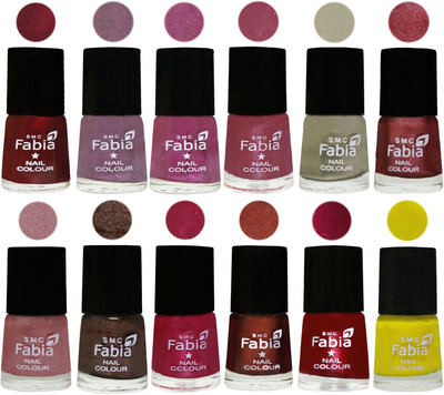

Fabia Premium Shine & Glossy Nail Polish Collection Shades (12 Pcs Combo) Maroon-Light Violet-Rani-Pink Maroonish-Oyster-Nude Pink-Light pink-Dark Brown-Cherry Pink-Berry-Dark Magenta-Yellow(Pack of 12)