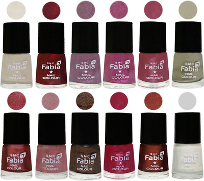 

Fabia Premium Lacquer Extra Shine Nail Polish Shades Of (12 Pcs Nail Polish) Light Cream-Maroon-Light Violet-Rani-Pink Maroonish-Oyster-Nude Pink-Light pink-Dark Brown-Cherry Pink-Berry-White(Pack of 12)