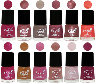 

Fabia Premium Lacquer Extra Shine Nail Polish Shades Of (12 Pcs Nail Polish) Hot Magenta-Lip-Light Beige-Dusty Pink-Dark Red Chrome-Peach-Light Magenta-Golden -Light Plum-Nude-Lychee-Rose Pink(Pack of 12)