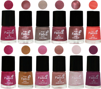 

Fabia Premium Collection 12 Piece Color Nail Polish Shades Hot Magenta-Lip-Light Beige-Dusty Pink-Dark Red Chrome-Peach-Light Magenta-Golden -Light Plum-Nude-Lychee-Light purple(Pack of 12)
