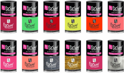 

forsure hd color long lasting matte nail polish (set of 12 )unique shades mania pink, neon green, hot red, neon yellow, orange, hot peach, princess pink, peach, glitter dazzling, glitter golden, ruby pink(Pack of 12)