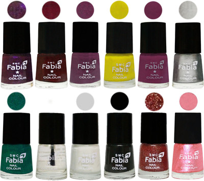 

Fabia Premium Shine & Glossy Nail Polish Collection Shades (12 Pcs Combo) Dark Purple-Royal Red-Brinjal Purple-Yellow-Light purple-Silver-Green-Top Coat-White-Black-Jerry Wine-Jerry Peach(Pack of 12)