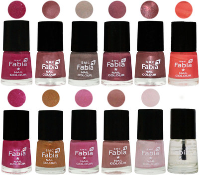 

Fabia Premium Collection 12 Piece Color Nail Polish Shades Hot Magenta-Lip-Light Beige-Dusty Pink-Dark Red Chrome-Peach-Light Magenta-Golden -Light Plum-Nude-Lychee-Top Coat(Pack of 12)