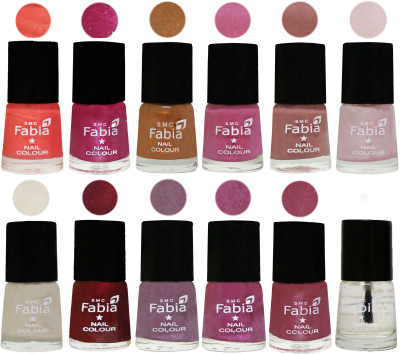 

Fabia Premium Collection 12 Piece Color Nail Polish Shades Peach-Light Magenta-Golden -Light Plum-Nude-Lychee-Light Cream-Maroon-Light Violet-Rani-Pink Maroonish-Top Coat(Pack of 12)