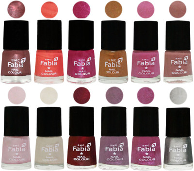 

Fabia Premium Collection 12 Piece Color Nail Polish Shades Dark Red Chrome-Peach-Light Magenta-Golden -Light Plum-Nude-Lychee-Light Cream-Maroon-Light Violet-Rani-Silver(Pack of 12)