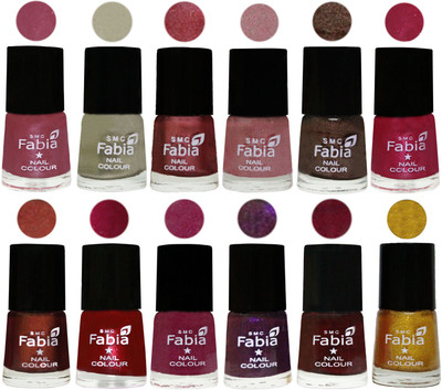 

Fabia Premium Shine & Glossy Nail Polish Collection Shades (12 Pcs Combo) Pink Maroonish-Oyster-Nude Pink-Light pink-Dark Brown-Cherry Pink-Berry-Dark Magenta-Rose Pink-Dark Purple-Royal Red-Jerry Golden(Pack of 12)