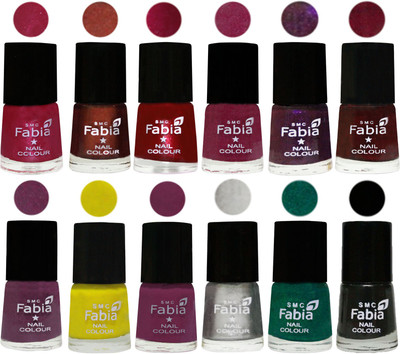 

Fabia Premium Shine & Glossy Nail Polish Collection Shades (12 Pcs Combo) Cherry Pink-Berry-Dark Magenta-Rose Pink-Dark Purple-Royal Red-Brinjal Purple-Yellow-Light purple-Silver-Green-Black(Pack of 12)