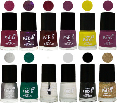 

Fabia Premium Collection 12 Piece Color Nail Polish Shades Rose Pink-Dark Purple-Royal Red-Brinjal Purple-Yellow-Light purple-Silver-Green-Top Coat-White-Black-Light Golden(Pack of 12)
