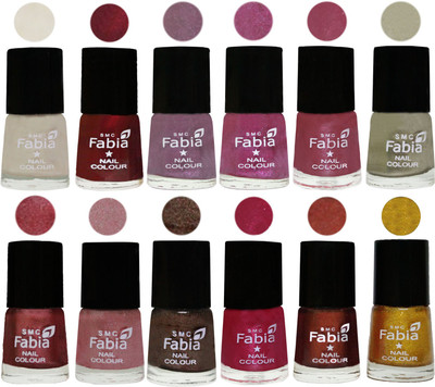

Fabia Premium Shine & Glossy Nail Polish Collection Shades (12 Pcs Combo) Light Cream-Maroon-Light Violet-Rani-Pink Maroonish-Oyster-Nude Pink-Light pink-Dark Brown-Cherry Pink-Berry-Jerry Golden(Pack of 12)