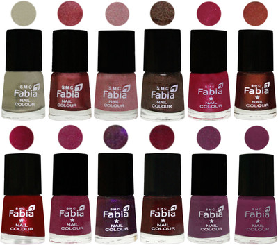 

Fabia Premium Shine & Glossy Nail Polish Collection Shades (12 Pcs Combo) Oyster-Nude Pink-Light pink-Dark Brown-Cherry Pink-Berry-Dark Magenta-Rose Pink-Dark Purple-Royal Red-Brinjal Purple-Light purple(Pack of 12)