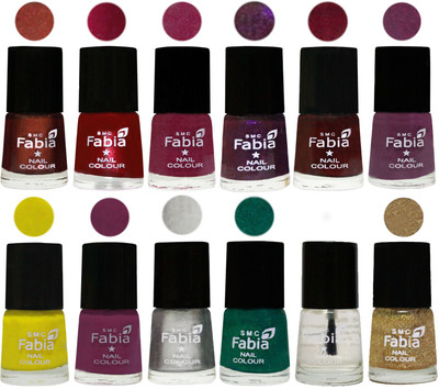 

Fabia Premium Collection 12 Piece Color Nail Polish Shades Berry-Dark Magenta-Rose Pink-Dark Purple-Royal Red-Brinjal Purple-Yellow-Light purple-Silver-Green-Top Coat-Light Golden(Pack of 12)