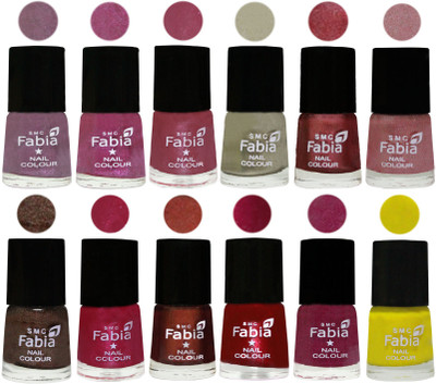 

Fabia Premium Lacquer Extra Shine Nail Polish Shades Of (12 Pcs Nail Polish) Light Violet-Rani-Pink Maroonish-Oyster-Nude Pink-Light pink-Dark Brown-Cherry Pink-Berry-Dark Magenta-Rose Pink-Yellow(Pack of 12)