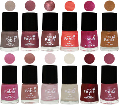

Fabia Premium Shine & Glossy Nail Polish Collection Shades (12 Pcs Combo) Light Beige-Dusty Pink-Dark Red Chrome-Peach-Light Magenta-Golden -Light Plum-Nude-Lychee-Light Cream-Maroon-Pink Maroonish(Pack of 12)