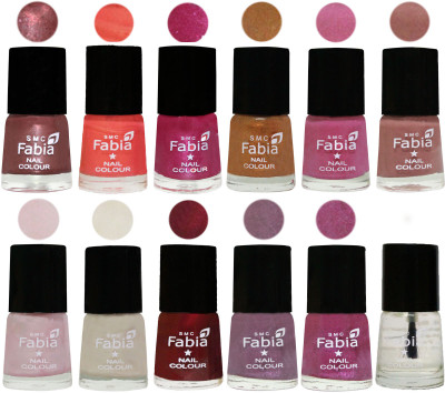 

Fabia Premium Shine & Glossy Nail Polish Collection Shades (12 Pcs Combo) Dark Red Chrome-Peach-Light Magenta-Golden -Light Plum-Nude-Lychee-Light Cream-Maroon-Light Violet-Rani-Top Coat(Pack of 12)