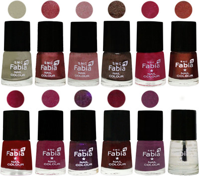 

Fabia Premium Shine & Glossy Nail Polish Collection Shades (12 Pcs Combo) Oyster-Nude Pink-Light pink-Dark Brown-Cherry Pink-Berry-Dark Magenta-Rose Pink-Dark Purple-Royal Red-Brinjal Purple-Top Coat(Pack of 12)