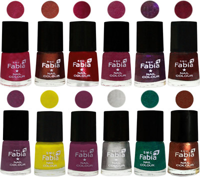 

Fabia Premium Collection 12 Piece Color Nail Polish Shades Cherry Pink-Berry-Dark Magenta-Rose Pink-Dark Purple-Royal Red-Brinjal Purple-Yellow-Light purple-Silver-Green-Light Jerry Coffee(Pack of 12)