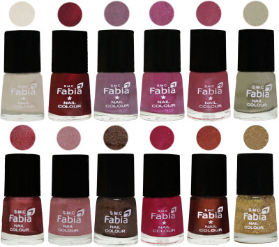 

Fabia Premium Collection 12 Piece Color Nail Polish Shades Light Cream-Maroon-Light Violet-Rani-Pink Maroonish-Oyster-Nude Pink-Light pink-Dark Brown-Cherry Pink-Berry-Light Golden(Pack of 12)