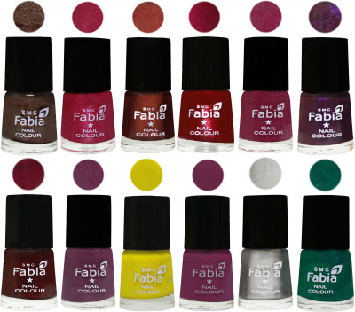 

Fabia Premium Lacquer Extra Shine Nail Polish Shades Of (12 Pcs Nail Polish) Dark Brown-Cherry Pink-Berry-Dark Magenta-Rose Pink-Dark Purple-Royal Red-Brinjal Purple-Yellow-Light purple-Silver-Green(Pack of 12)