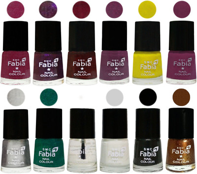 

Fabia Premium Lacquer Extra Shine Nail Polish Shades Of (12 Pcs Nail Polish) Rose Pink-Dark Purple-Royal Red-Brinjal Purple-Yellow-Light purple-Silver-Green-Top Coat-White-Black-Dark Golden(Pack of 12)