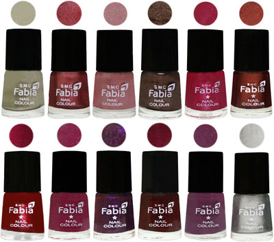 

Fabia Premium Collection 12 Piece Color Nail Polish Shades Oyster-Nude Pink-Light pink-Dark Brown-Cherry Pink-Berry-Dark Magenta-Rose Pink-Dark Purple-Royal Red-Brinjal Purple-Silver(Pack of 12)