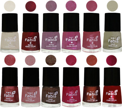 

Fabia Premium Collection 12 Piece Color Nail Polish Shades Light Cream-Maroon-Light Violet-Rani-Pink Maroonish-Oyster-Nude Pink-Light pink-Dark Brown-Cherry Pink-Berry-Dark Magenta(Pack of 12)