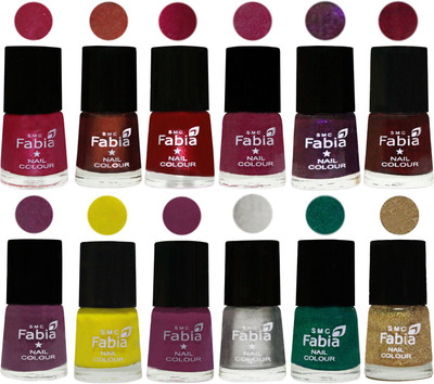 

Fabia Premium Collection 12 Piece Color Nail Polish Shades Cherry Pink-Berry-Dark Magenta-Rose Pink-Dark Purple-Royal Red-Brinjal Purple-Yellow-Light purple-Silver-Green-Light Golden(Pack of 12)