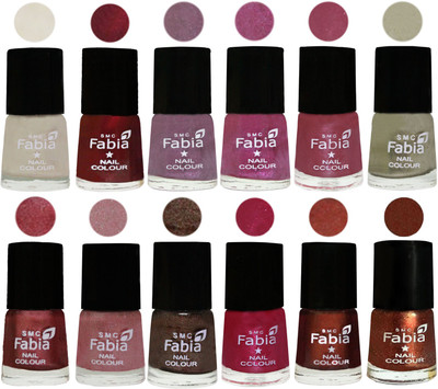 

Fabia Premium Collection 12 Piece Color Nail Polish Shades Light Cream-Maroon-Light Violet-Rani-Pink Maroonish-Oyster-Nude Pink-Light pink-Dark Brown-Cherry Pink-Berry-Light Jerry Coffee(Pack of 12)