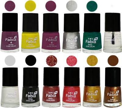 

Fabia Premium Lacquer Extra Shine Nail Polish Shades Of (12 Pcs Nail Polish) Brinjal Purple-Yellow-Light purple-Silver-Green-Top Coat-White-Black-Jerry Wine-Jerry Pink-Jerry Golden-Dark Golden(Pack of 12)