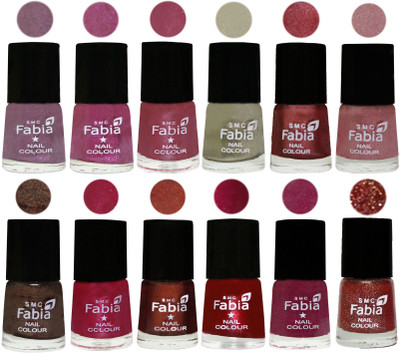 

Fabia Premium Shine & Glossy Nail Polish Collection Shades (12 Pcs Combo) Light Violet-Rani-Pink Maroonish-Oyster-Nude Pink-Light pink-Dark Brown-Cherry Pink-Berry-Dark Magenta-Rose Pink-Jerry Wine(Pack of 12)