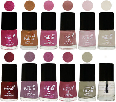 

Fabia Premium Collection 12 Piece Color Nail Polish Shades Light Magenta-Golden -Light Plum-Nude-Lychee-Light Cream-Maroon-Light Violet-Rani-Pink Maroonish-Oyster-Top Coat(Pack of 12)