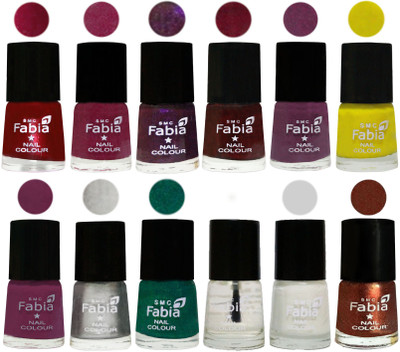 

Fabia Premium Shine & Glossy Nail Polish Collection Shades (12 Pcs Combo) Dark Magenta-Rose Pink-Dark Purple-Royal Red-Brinjal Purple-Yellow-Light purple-Silver-Green-Top Coat-White-Light Jerry Coffee(Pack of 12)