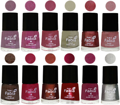 

Fabia Premium Collection 12 Piece Color Nail Polish Shades Light Violet-Rani-Pink Maroonish-Oyster-Nude Pink-Light pink-Dark Brown-Cherry Pink-Berry-Dark Magenta-Rose Pink-Silver(Pack of 12)