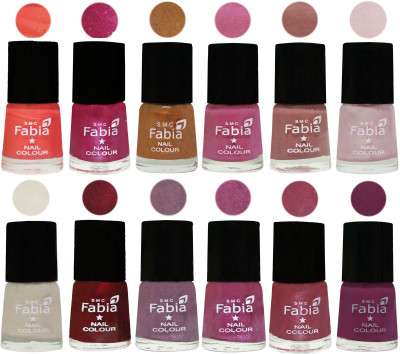 

Fabia Premium Collection 12 Piece Color Nail Polish Shades Peach-Light Magenta-Golden -Light Plum-Nude-Lychee-Light Cream-Maroon-Light Violet-Rani-Pink Maroonish-Light purple(Pack of 12)