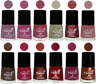 

Fabia Premium Shine & Glossy Nail Polish Collection Shades (12 Pcs Combo) Light Violet-Rani-Pink Maroonish-Oyster-Nude Pink-Light pink-Dark Brown-Cherry Pink-Berry-Dark Magenta-Rose Pink-Light Jerry Coffee(Pack of 12)