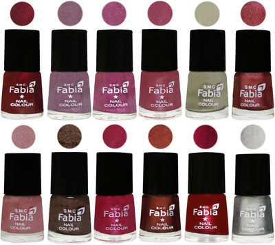 

Fabia Premium Lacquer Extra Shine Nail Polish Shades Of (12 Pcs Nail Polish) Maroon-Light Violet-Rani-Pink Maroonish-Oyster-Nude Pink-Light pink-Dark Brown-Cherry Pink-Berry-Dark Magenta-Silver(Pack of 12)