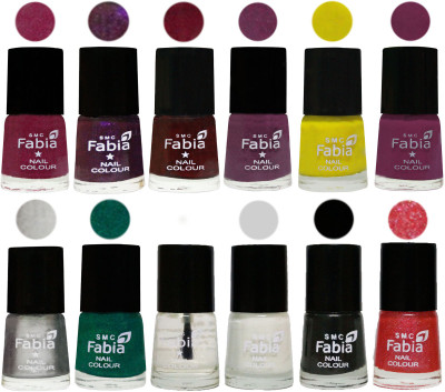 

Fabia Premium Lacquer Extra Shine Nail Polish Shades Of (12 Pcs Nail Polish) Rose Pink-Dark Purple-Royal Red-Brinjal Purple-Yellow-Light purple-Silver-Green-Top Coat-White-Black-Jerry Pink(Pack of 12)