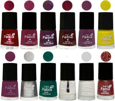 

Fabia Premium Shine & Glossy Nail Polish Collection Shades (12 Pcs Combo) Dark Magenta-Rose Pink-Dark Purple-Royal Red-Brinjal Purple-Yellow-Light purple-Silver-Green-Top Coat-White-Jerry Wine(Pack of 12)