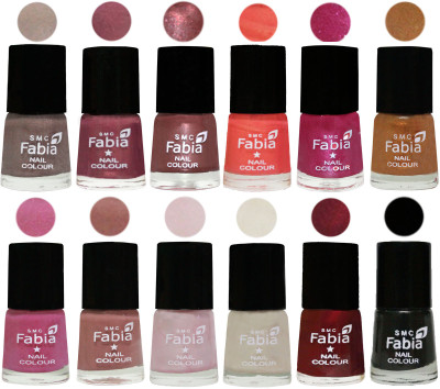 

Fabia Premium Shine & Glossy Nail Polish Collection Shades (12 Pcs Combo) Light Beige-Dusty Pink-Dark Red Chrome-Peach-Light Magenta-Golden -Light Plum-Nude-Lychee-Light Cream-Maroon-Black(Pack of 12)