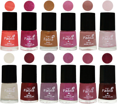 

Fabia Premium Collection 12 Piece Color Nail Polish Shades Peach-Light Magenta-Golden -Light Plum-Nude-Lychee-Light Cream-Maroon-Light Violet-Rani-Pink Maroonish-Royal Red(Pack of 12)