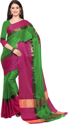 Ratnavati Printed, Geometric Print, Solid/Plain Handloom Silk Blend, Cotton Blend Saree(Green, Pink)