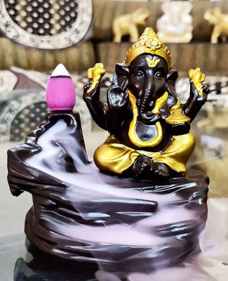 Craft Junction Handcrafted Lord Ganesha Smoke Backflow Cone Incense Holder With 10 Incense Cones Decorative Showpiece - 9.5 cm(Polyresin, Multicolor)