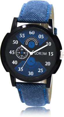 

LOREM LR02 Black-Blue Round Dummy Chronograph Leather Watch - For Men