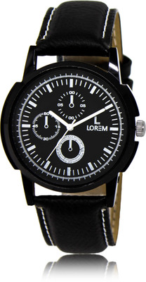 

LOREM LR13 Black-Round Multifunction Look Dial Leather Watch - For Men
