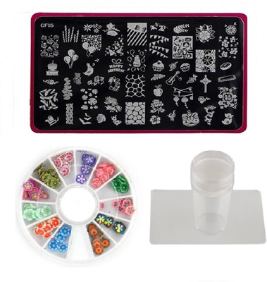 

Royalkart Nail Art Stamping Kit Jumbo Image Plate With Soft Nail Silicon Stamper, Scrapper & 3D Nail Art Wheel(CF05)(multi color)