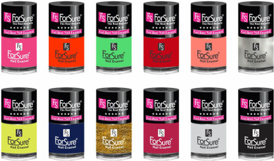 

forsure hd color long lasting matte nail polish (set of 12 )unique shades princess pink, orange, neon green, hot red, peach, silver, neon yellow, navy blue, glitter golden, mania pink, white, black(Pack of 12)