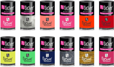

forsure hd color long lasting matte nail polish (set of 12 )unique shades princess pink, silver, peach, ruby pink, orange, hot red, neon yellow, neon green, navy blue, glitter dazzling, glitter golden, mania pink(Pack of 12)