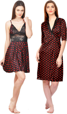 Boosah Women Nighty with Robe(Maroon, Black)