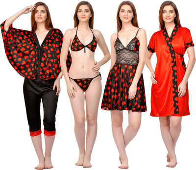 PHALIN Women Nighty with Robe(Red, Black)